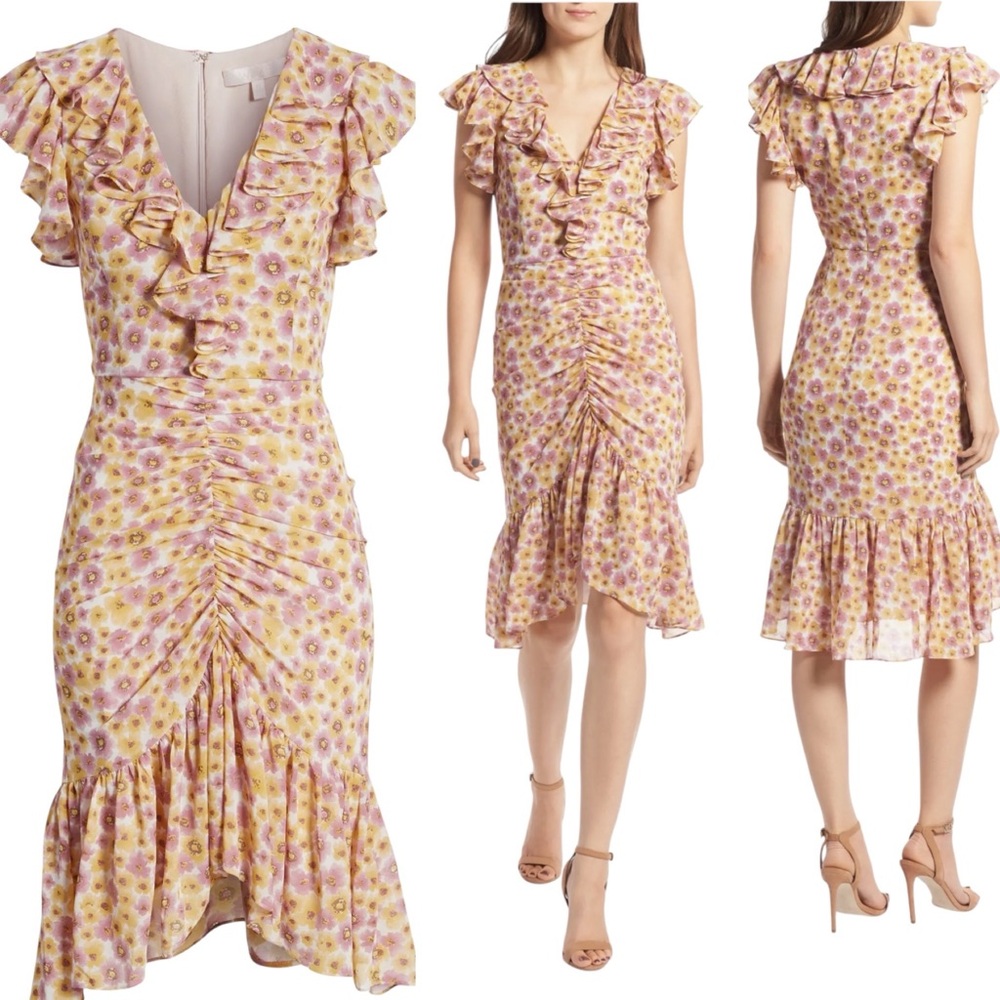 WAYF Daphne pink and yellow floral print midi ruffle dress. MED. COTTAGECORE - Picture 2 of 16